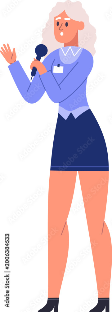 Fototapeta premium Woman presenter communicating using a microphone and hand gesture