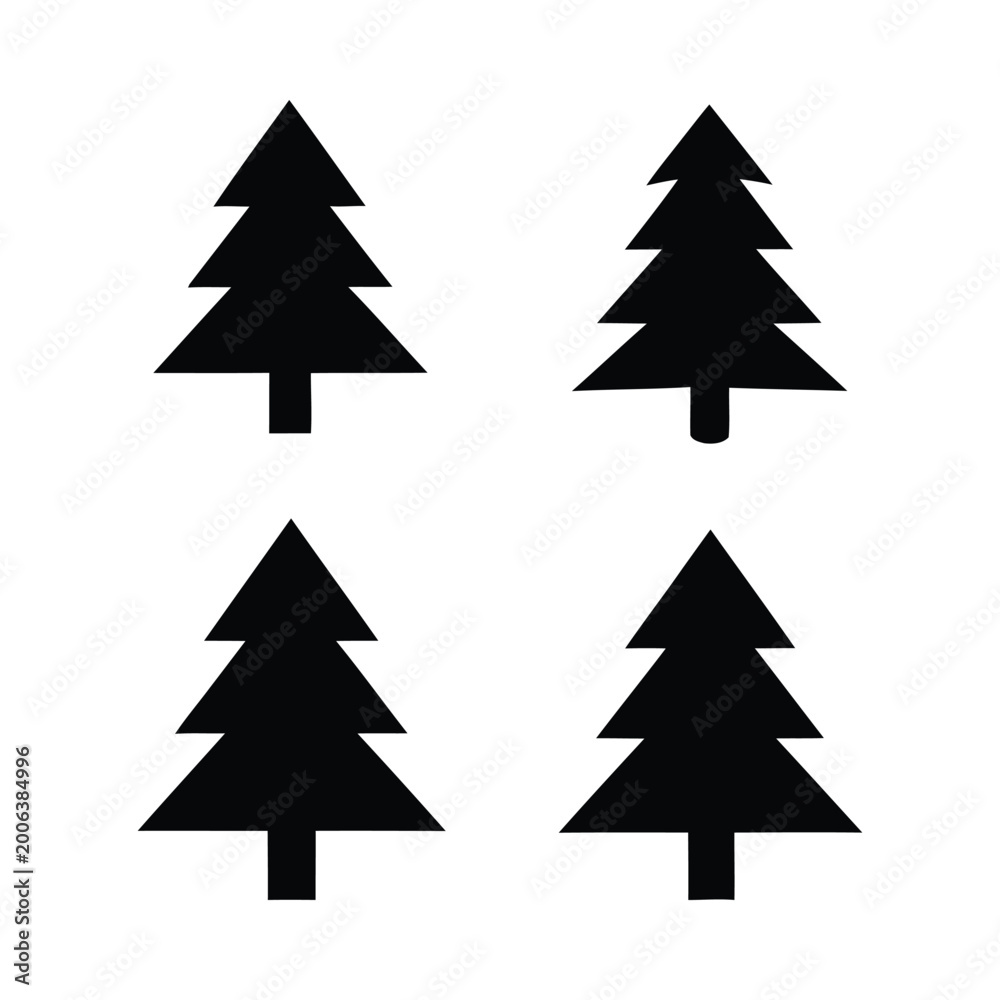 Obraz premium Four Minimalist Black Silhouette Christmas Trees in Grid Layout