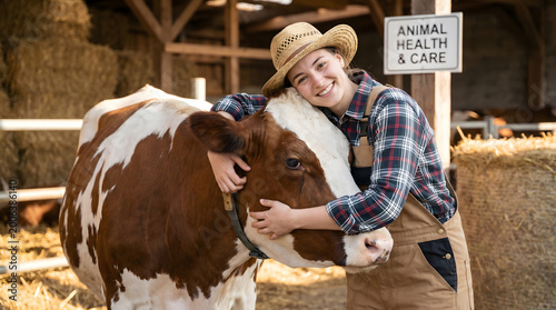 Happy young woman farm worker hugging cow as sign of concern for animal health care. Concept agriculture cattle livestock farming industry
