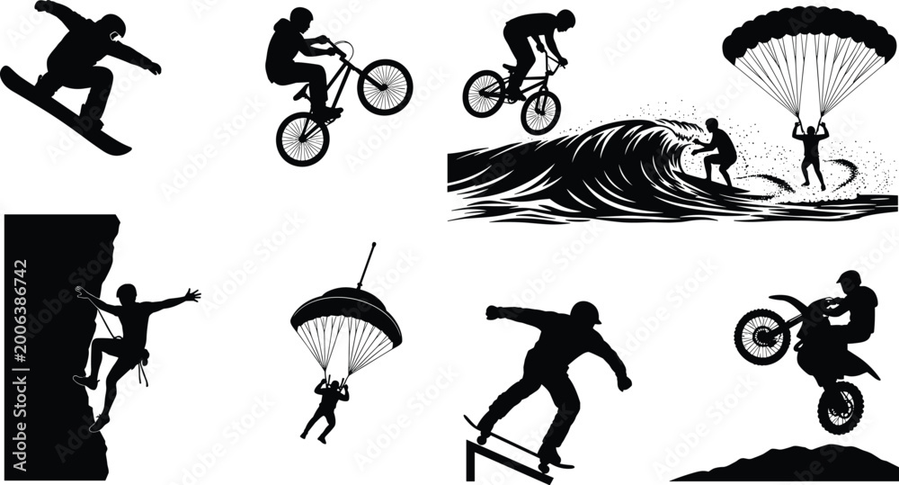 Obraz premium Extreme sports silhouettes set featuring skateboarding, BMX biking, surfing, parachuting, rock climbing, and motocross action in dynamic adventure lifestyle illustration