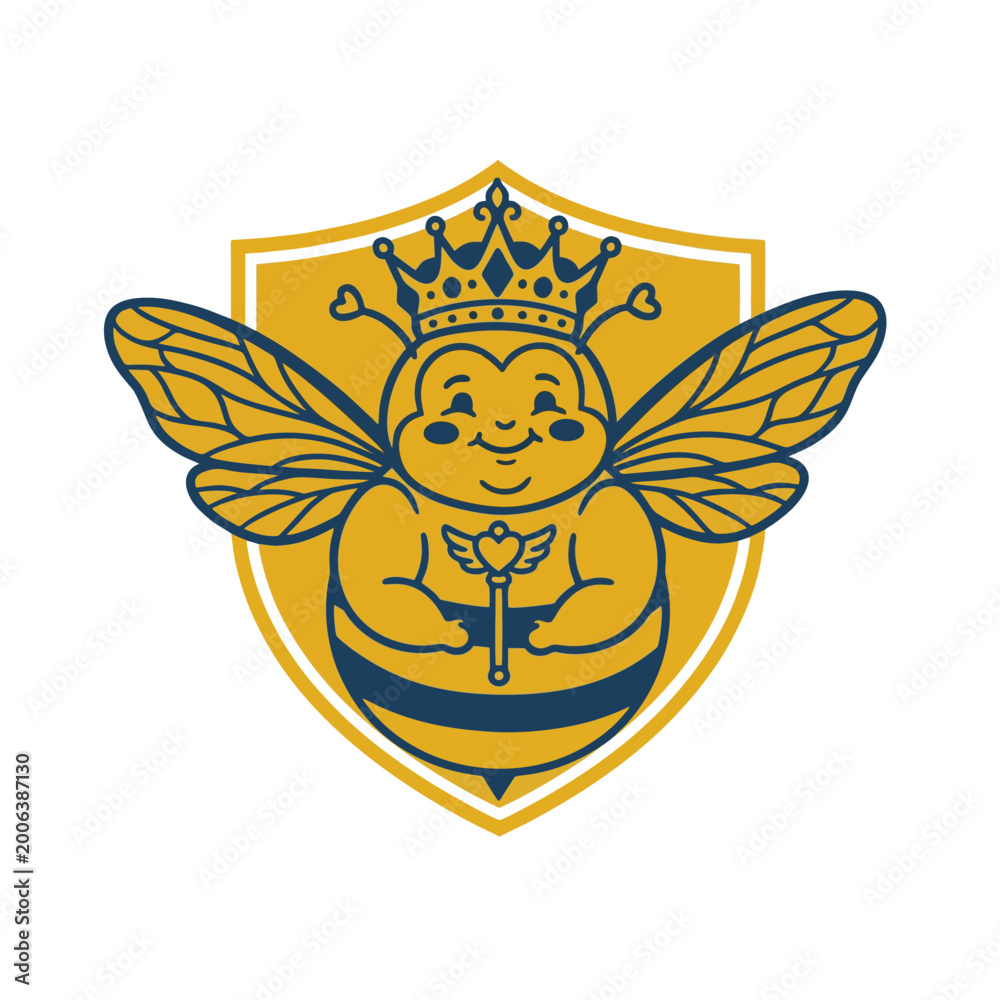 Obraz premium Chubby Queen Bee Logo With Minimalist Crest, Flat 2d Heraldry Style, Clean Vector Paths, 2 Color Design