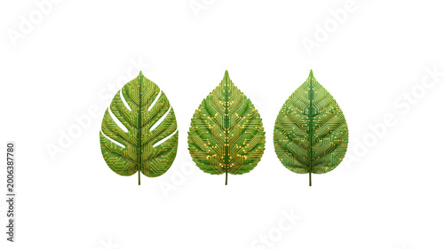 Green leaf with circuit pattern, eco technology concept.