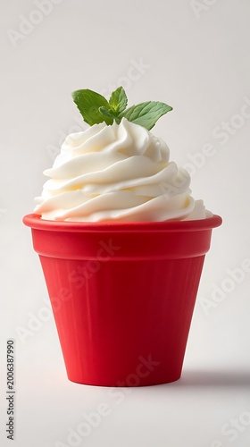 A red plastic cup filled with a generous serving of white frozen yogurt topped with fresh mint leaves