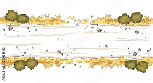 Photography Hand-drawn dirt road vector, rustic country path with dry grass and bushes, seam