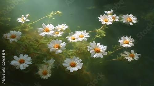 White daisies floating on the surface of a serene green pond with sunlight shining through
