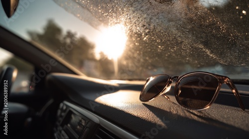 Car's sunshade, seen up close, shields the dashboard from intense sun.