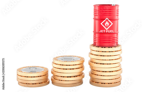 Jet fuel barrel on rising coin stacks. Rising aviation fuel prices, concept. 3d rendering