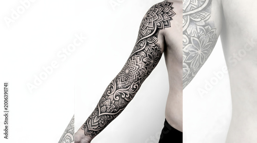 Intricate Black and Grey Mandala Tattoo Design Covering the Full Arm.