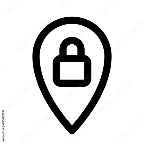 Secure location, locked map pin, safety icon, black vector symbol, protection sign