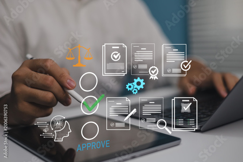 Businessman holding stylus pointing digital approval compliance management intelligence checklist, verified documents, audit e-signature on tablet workflow automation legal validation business