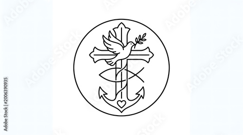 A circular emblem featuring a cross with a dove and an anchor, symbolizing Christian faith and hope.