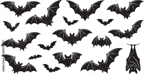 Halloween bat silhouette collection, set of black flying bats, and hanging bat icons for spooky party decor.