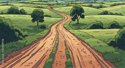 Fotografía Vintage comic style winding dirt road landscape, rural countryside path through