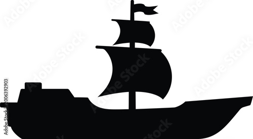 Slika na platnu Silhouette of a classic sailing ship with a flag