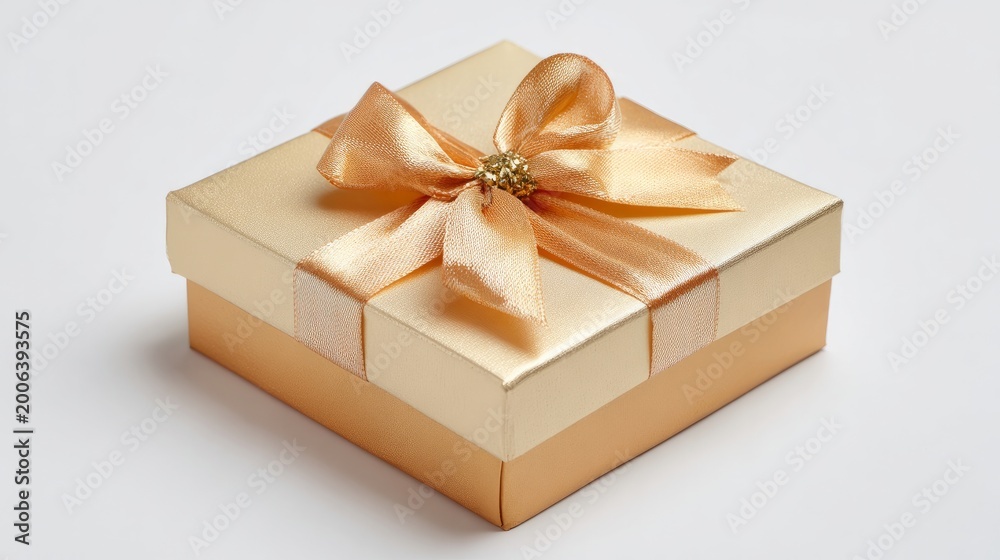 Fototapeta premium Gift box, dressed with satin ribbon and bow, sits on a white background.