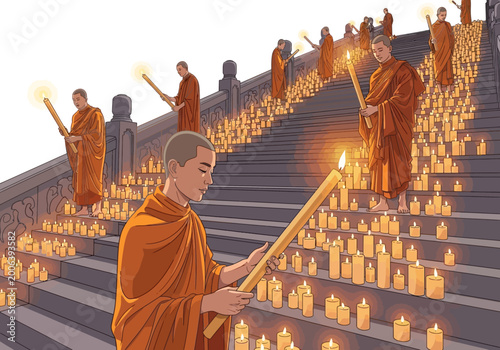 Tableau sur toile Buddhist monk holding burning candle light.