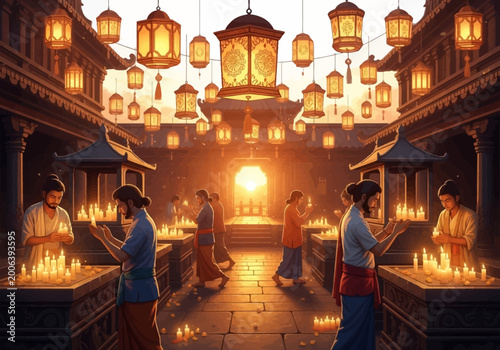 Fotografija Women lighting candles in temple.