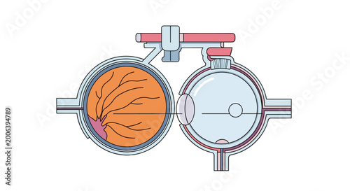 Detailed medical anatomical illustration showing the internal structure and complex layers of the human eye.