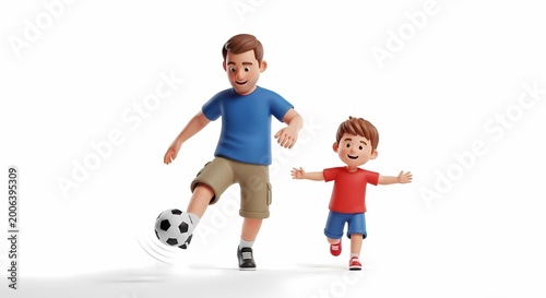 Father and son play soccer on a white background with cartoon style