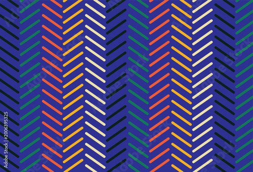 Colorful geometric herringbone pattern with diagonal lines and repeating zigzag stripes on deep blue background.