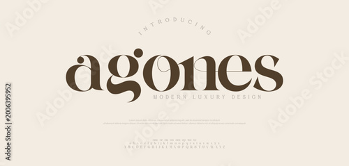 Agones, Elegant font alphabet uppercase lowercase and number. Classic lettering minimal fashion designs.