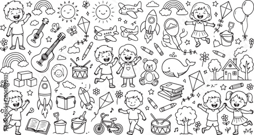 Charming Black and White Doodle Collection Illustrating Playful Children Engaging in Various Joyful Activities and Fun Toys