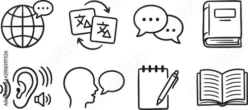 Modern line art vector icons depicting global communication, language translation, learning, and core linguistic skills including listening, speaking, reading, and writing abilities