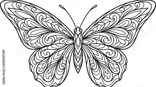 Intricate black and white line art illustration of a butterfly with detailed symmetrical patterns on its wings.