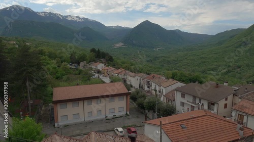View of the small village of Castel San Vincenzo, with the Mainarde mountains in the background, Molise, Italy.