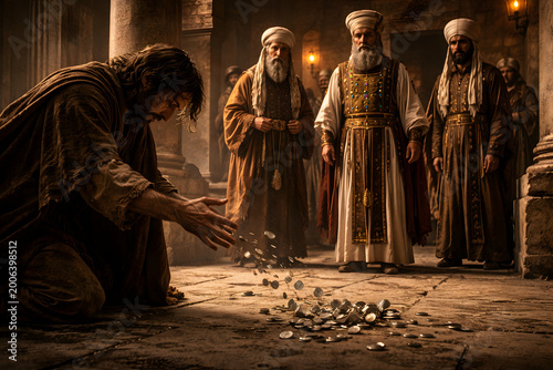 Judas iscariot throwing thirty pieces of silver before the high priests