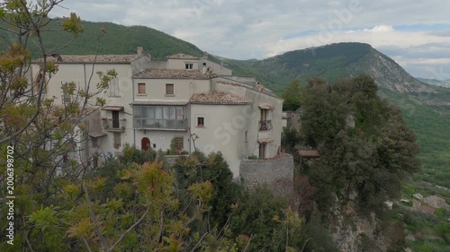View of the small village of Castel San Vincenzo, with the Mainarde mountains in the background, Molise, Italy.