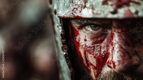 A fierce knight stares intensely off-camera, with blood on his face and armor, depicting the brutality and emotional toll of battle in a historical and dramatic context.