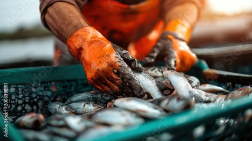 A dedicated fisherman sorts freshly caught fish in the sunlight, showcasing the hard work and connection to nature vital for sustainable fishing practices and livelihood.