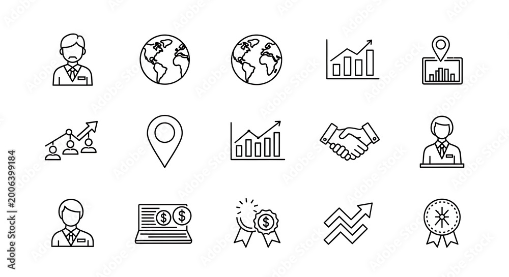 Fototapeta premium Business growth charts and handshake icons define professional success and global partnership strategies in this collection of linear corporate symbols.