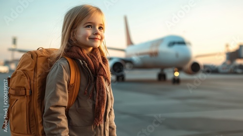 A cheerful young girl stands at the airport with a backpack, smiling brightly in front of a parked airplane, ready for an exciting journey and adventure ahead.