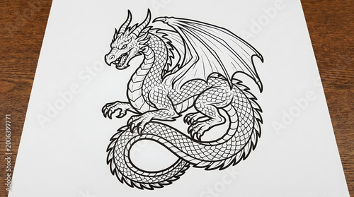 A detailed black and white drawing of a mythical dragon with wings and scales.