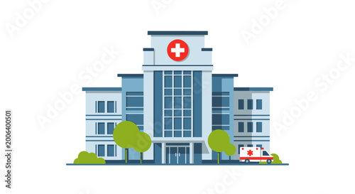 Fotografie Hospital Building with Red Cross Sign.