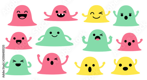 Tableau sur toile Colorful ghost emojis in various expressions.