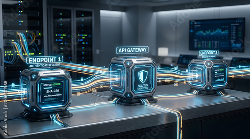 Secure api gateway architecture with ssltls encryption connecting authenticated client endpoints to remote databases