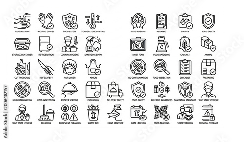 Fotografía Food handling and hygiene line icons with safety sanitation storage and preparat