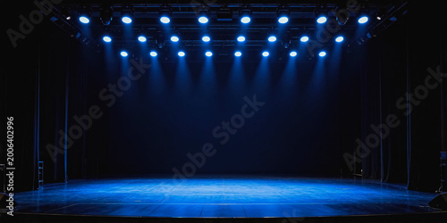 This is a professional theater stage equipped with overhead blue spotlights, illuminating the empty wooden performance floor with closed side curtains.