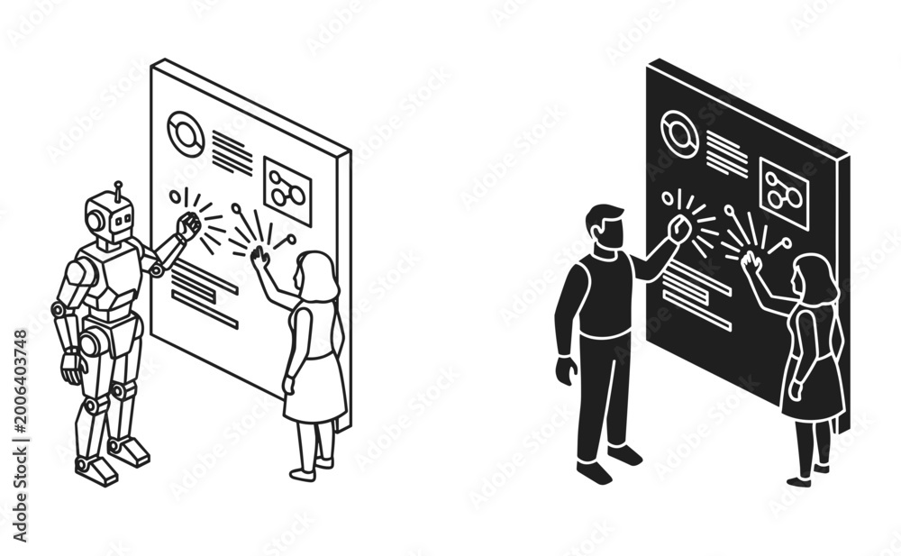 Fototapeta premium AI data analysis icon set with robot and human interaction, isometric outline vector illustration, white background