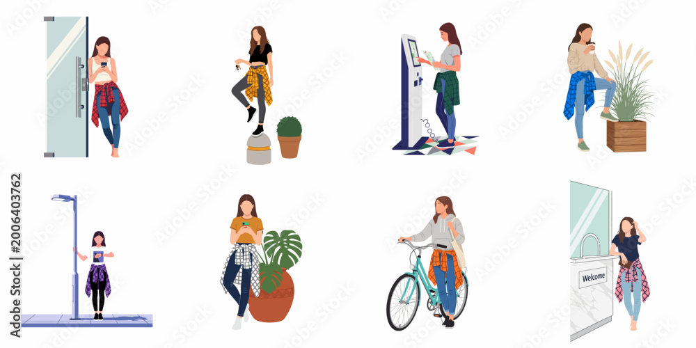 Fototapeta premium Flat Vector Illustration Set of a Young Woman Engaged in Various Daily Urban Activities and Using Technology in Different City Settings