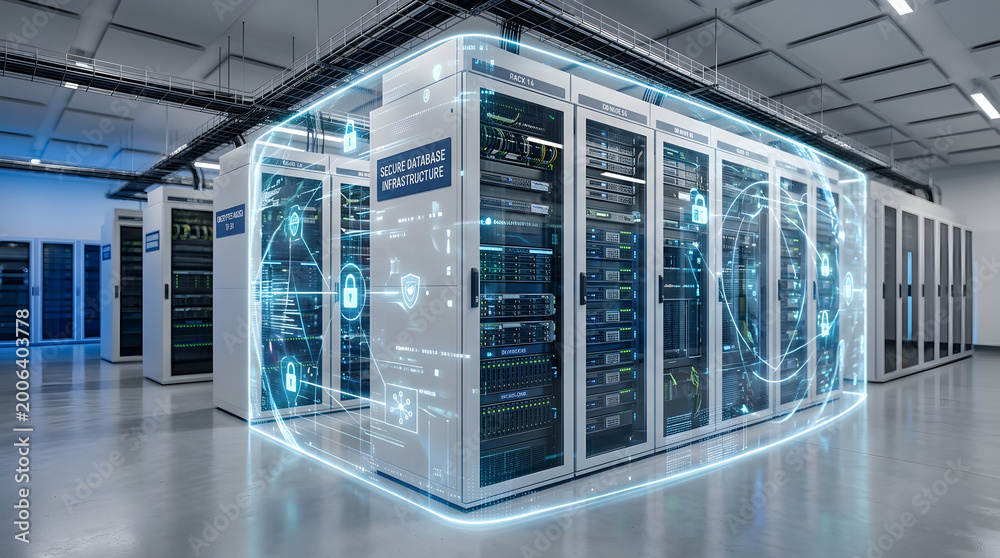 Naklejka premium Secure database infrastructure with digital security icons in a server room