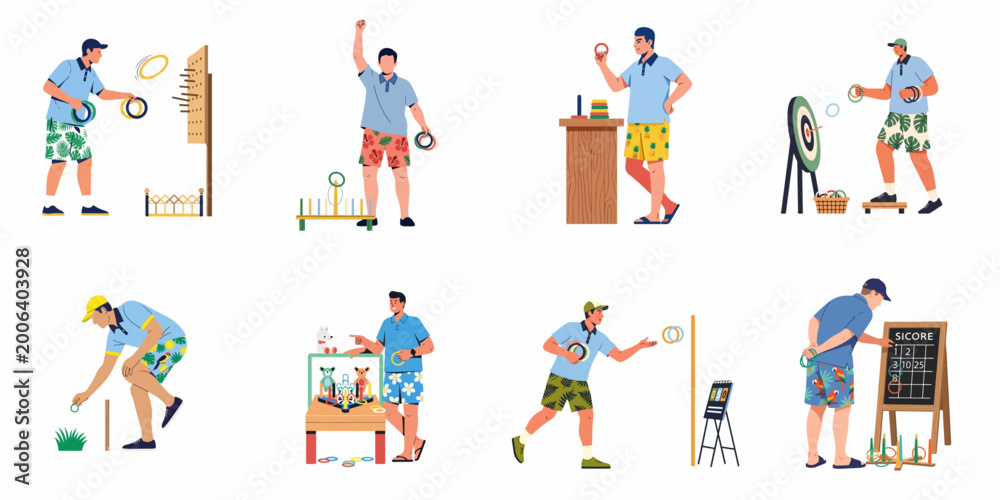 Fototapeta premium Set of vector illustrations depicting a man in tropical attire playing various versions of the ring toss game.