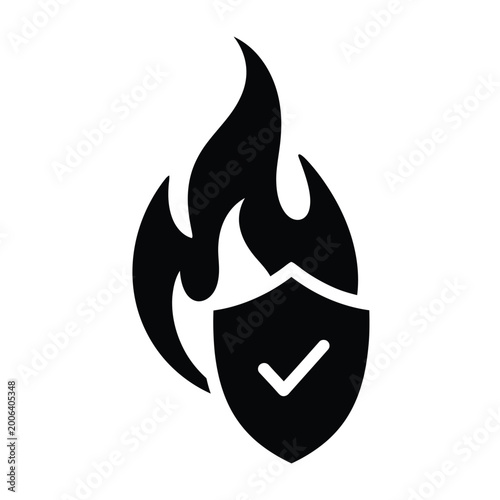 Fire and shield icon black silhouette of flame protecting a shield with checkmark on white background high quality professional detailed