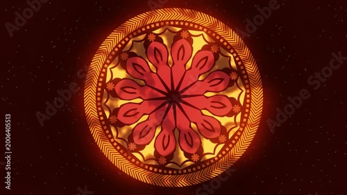 Abstract Floral Designed Colorful Mandala, A intricate circular design resembling a stylized flower or mandala against a dark starry background. The design incorporates concentric patterns and vibrant