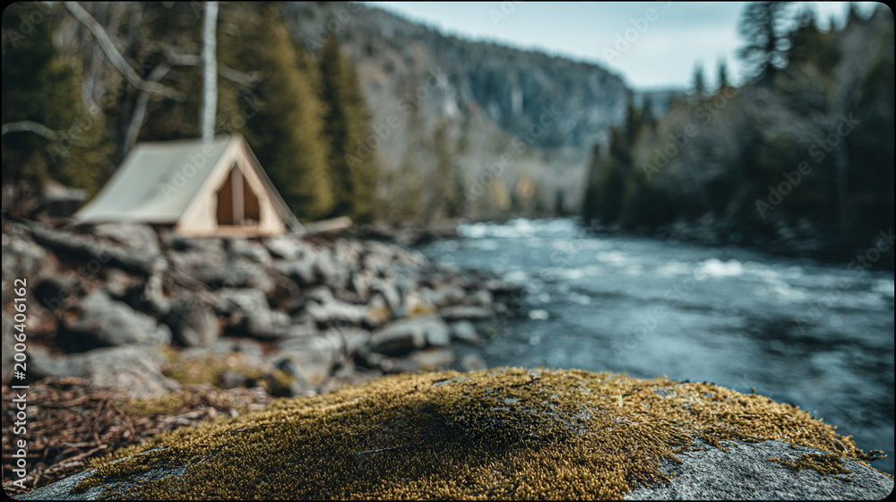 Fototapeta premium Canvas tent camping alongside mountain forest river