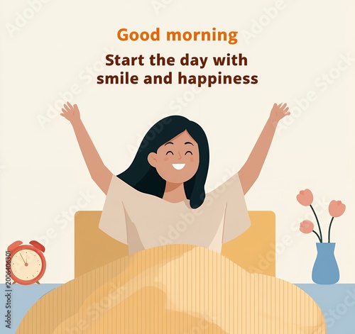 Good morning illustration with happy woman waking up and positive quote