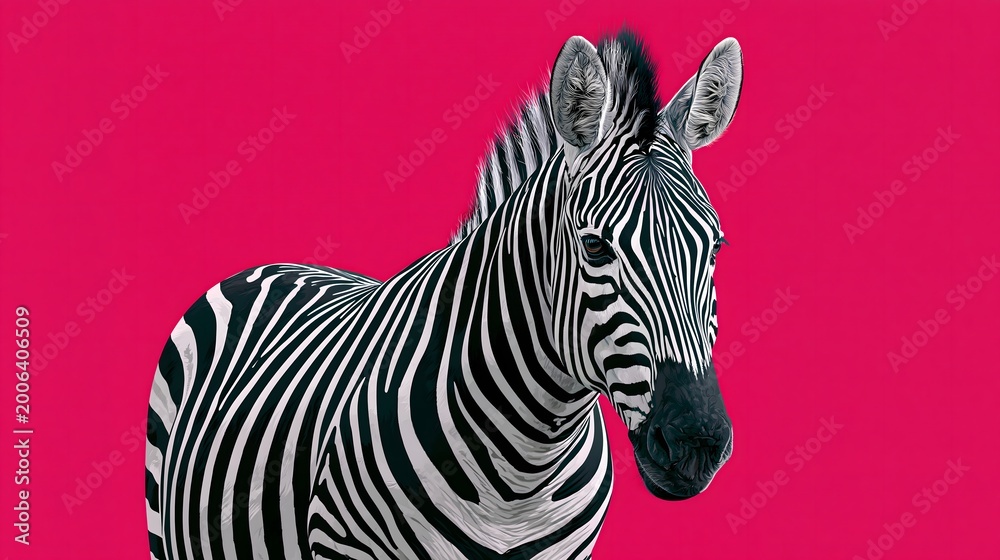 Fototapeta premium Bold pop art style illustration of a black and white striped zebra in close-up three-quarter view against a vivid hot pink magenta background